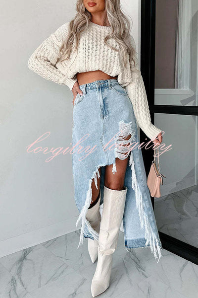 Darla Cutting Ties Heavily Distressed Denim Maxi Skirt