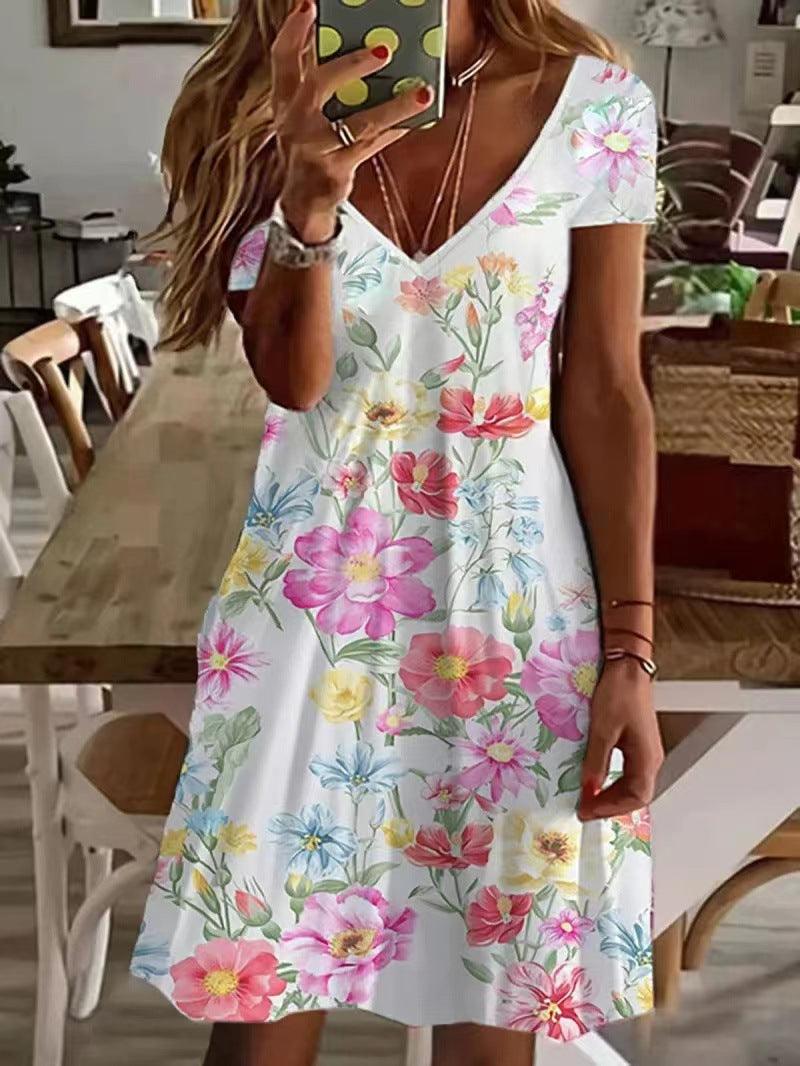 Women's V-Neck Fashion Print Loose Dress