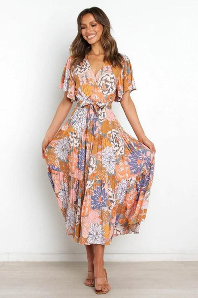 V-Neck Print Short Sleeve Bohemian Dress