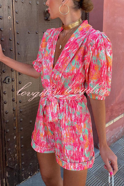 Joyful Smiles Printed Puff Sleeve Lapel Belted Romper