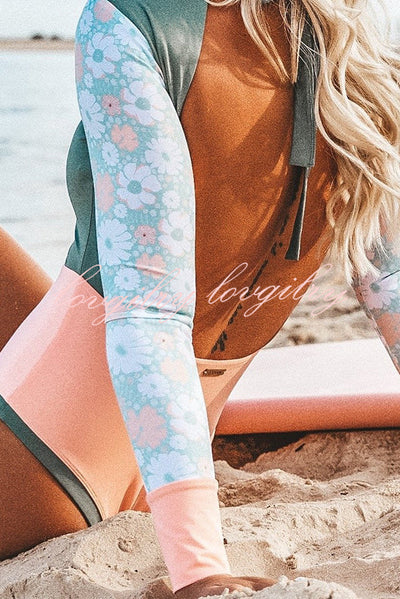 Floral Print Paneled Long-sleeved Open Back Stretch One-piece Swimsuit