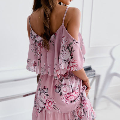 Flower Printed Summer V-neck Stitching Off-the-shoulder Strap Dress