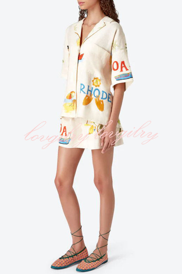 Hello Summer Linen Blend Hand-painted Print Blouse and Elastic Waist Pocketed Shorts Set