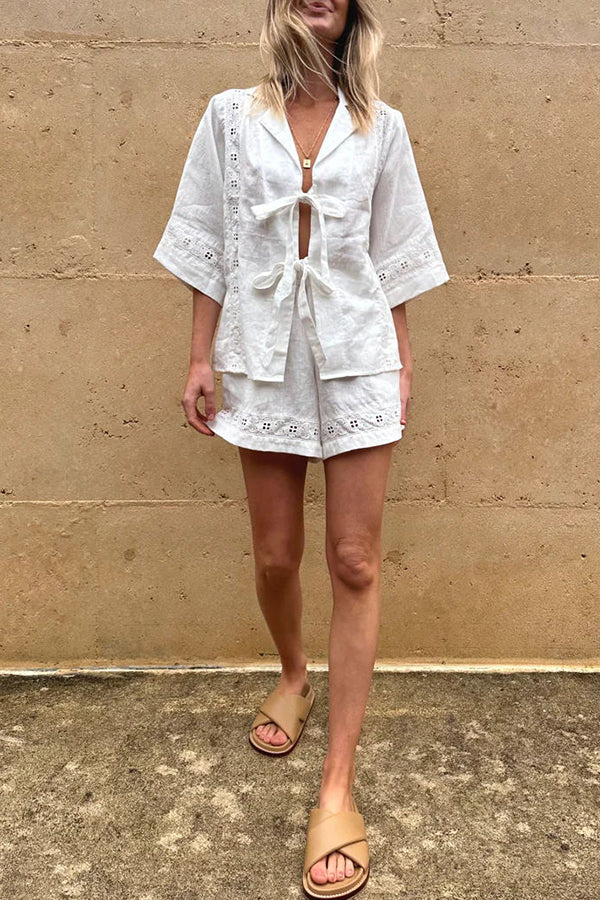 Celebrate Vacation Linen Blend Lace Splicing Tie-up Shirt and Elastic Waist Pocketed Shorts Set