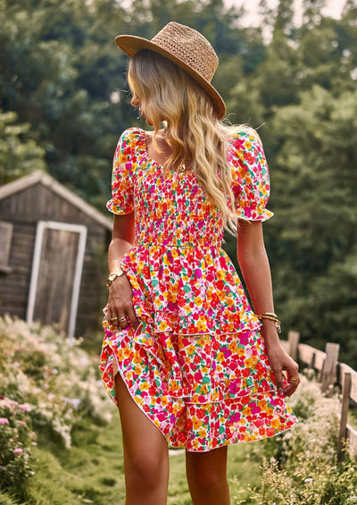 Floral Ruffle Short Sleeve Off Shoulder Mini Dress