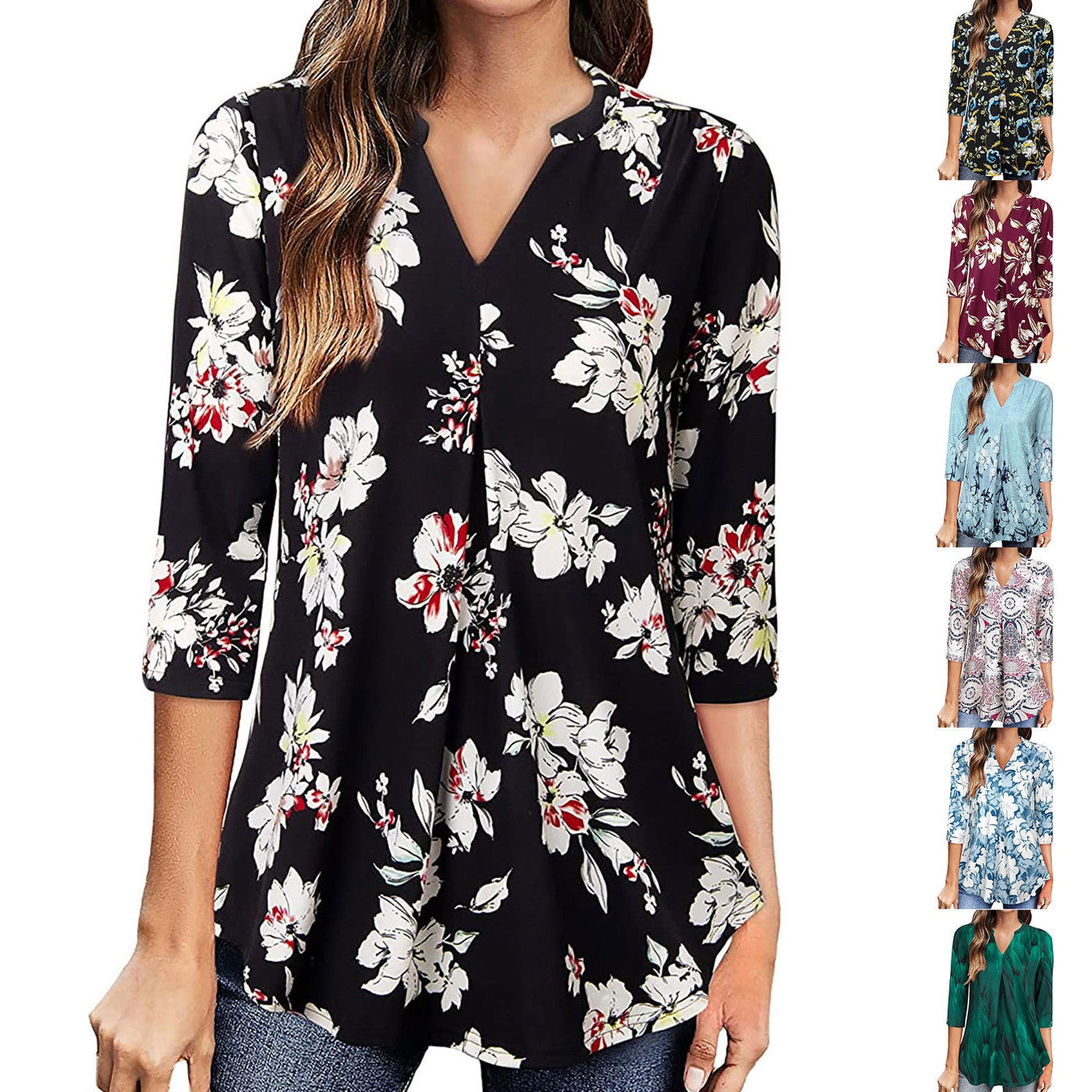 Flowers Print Tops V Neck Long Sleeve Blouse