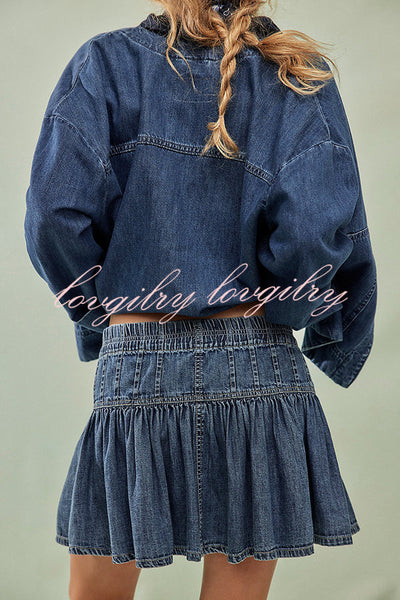 Solid Color Elastic Waist Button Tie Denim Mini Skirt