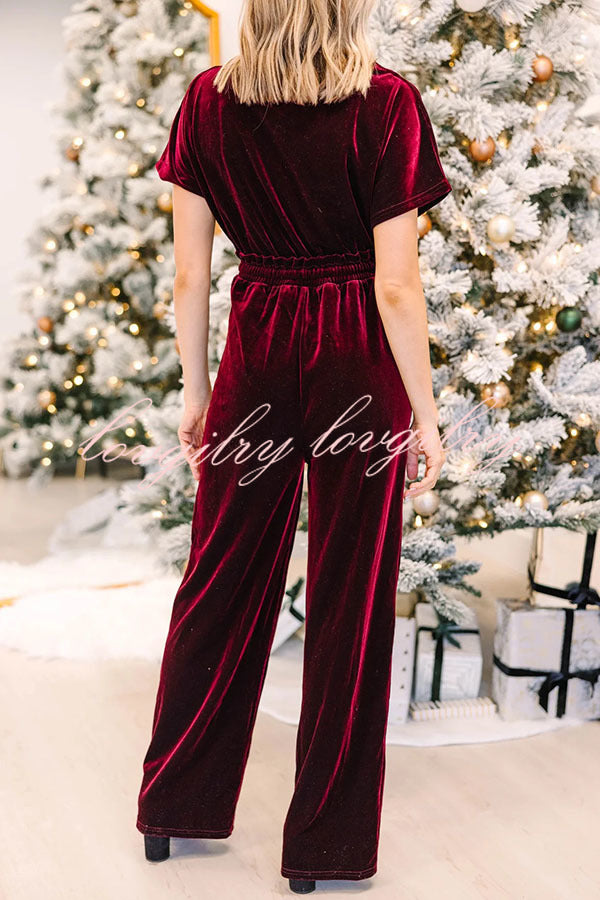 Holiday Star Velvet Lace Up Pocket Wide Leg Jumpsuit