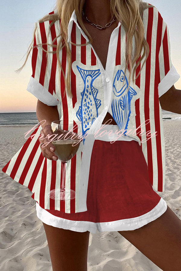 Striped Fish Print Loose Button Elastic Waist Shorts Set