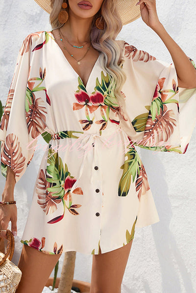 Botanical Print Button Drawstring Waist Dolman Sleeve Loose Romper