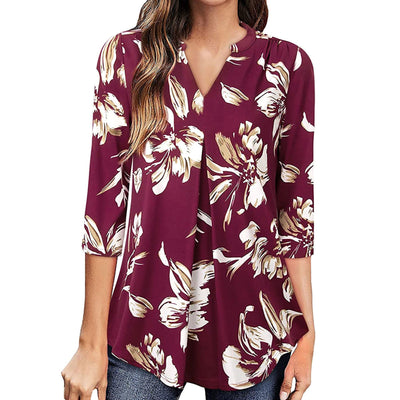 Flowers Print Tops V Neck Long Sleeve Blouse