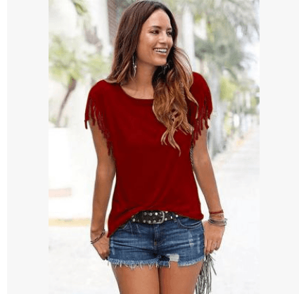 Short Sleeve Cuffs Tassel T-Shirt