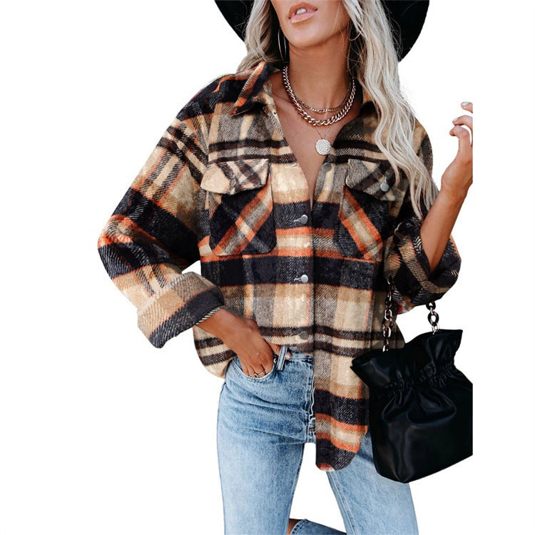 Women's Plaid Woolen Breasted Casual Shirt