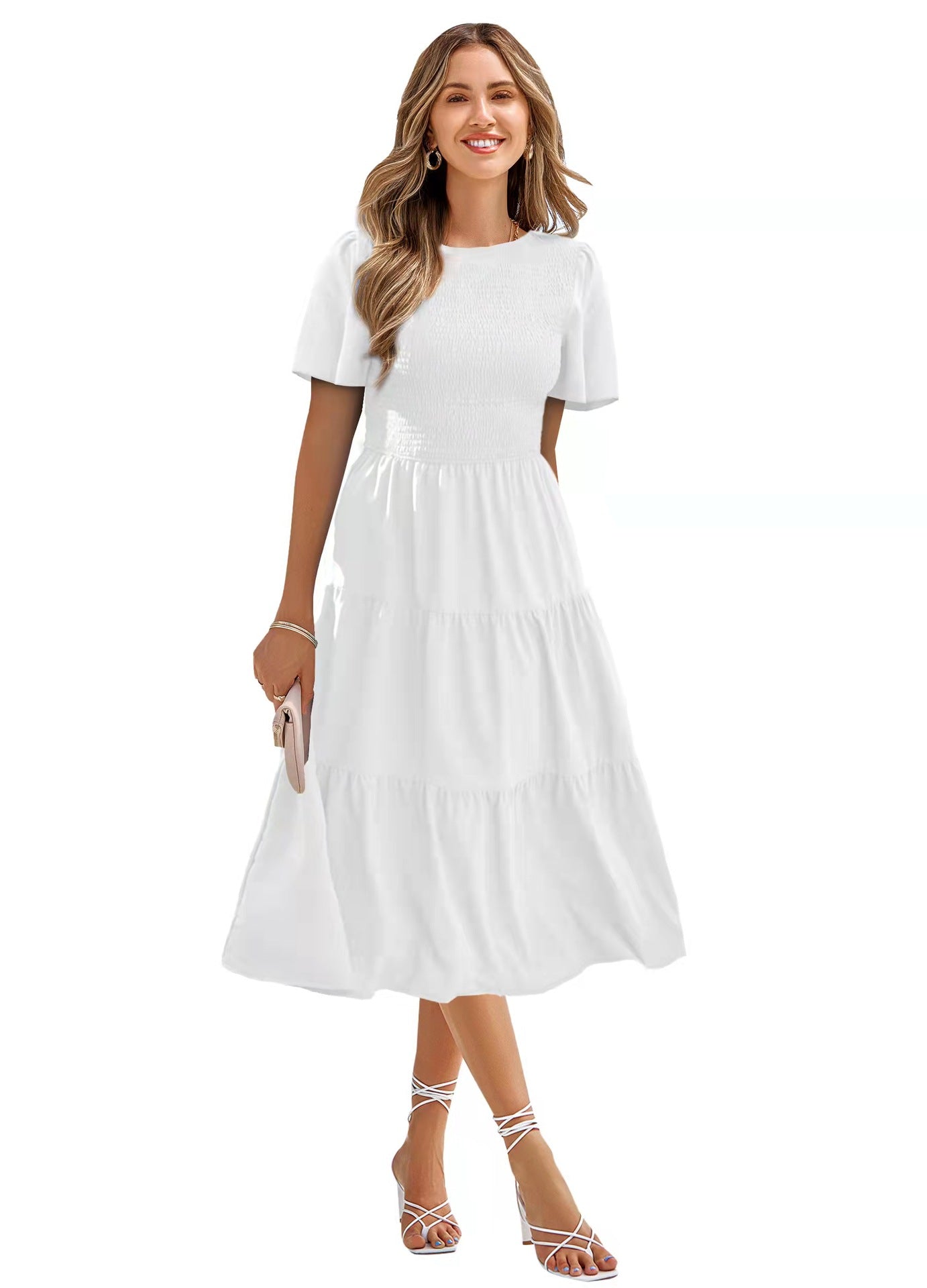 Women's Round Neck Smocked Short Sleeve Casual Dress