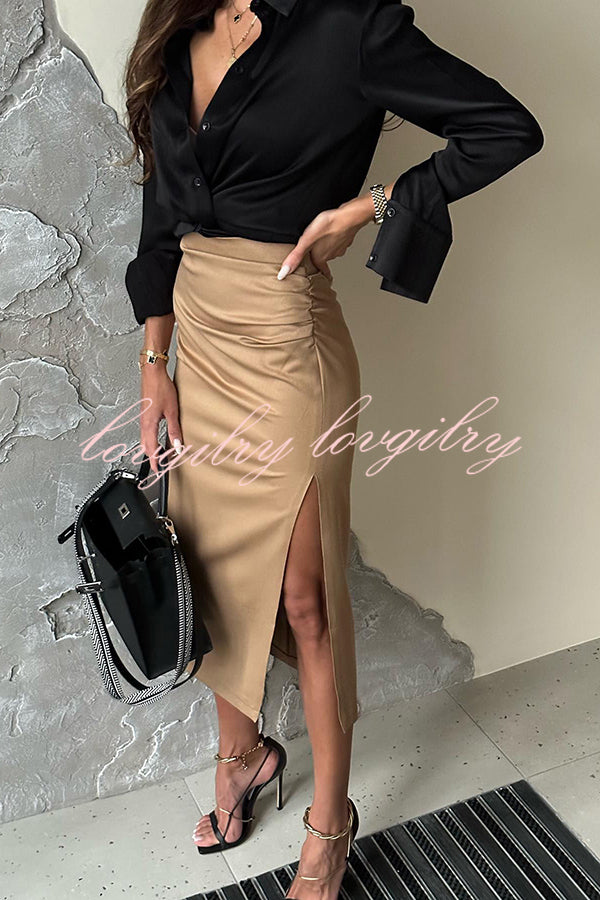 Layla Ruched Back Elastic Waist Side Slit Midi Skirt