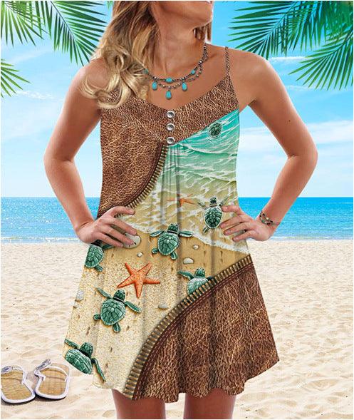 SEA TURTLE ZIPPER PRINT SPAGHETTI STRAP DRESS