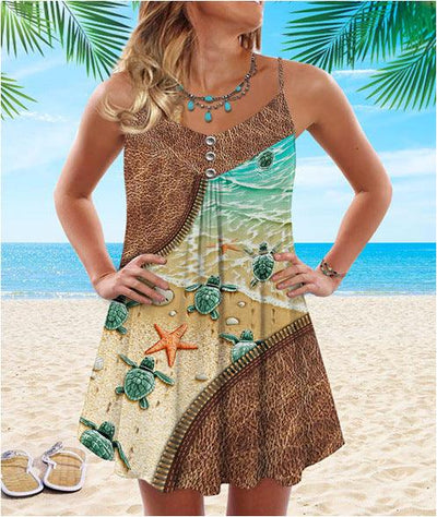 SEA TURTLE ZIPPER PRINT SPAGHETTI STRAP DRESS