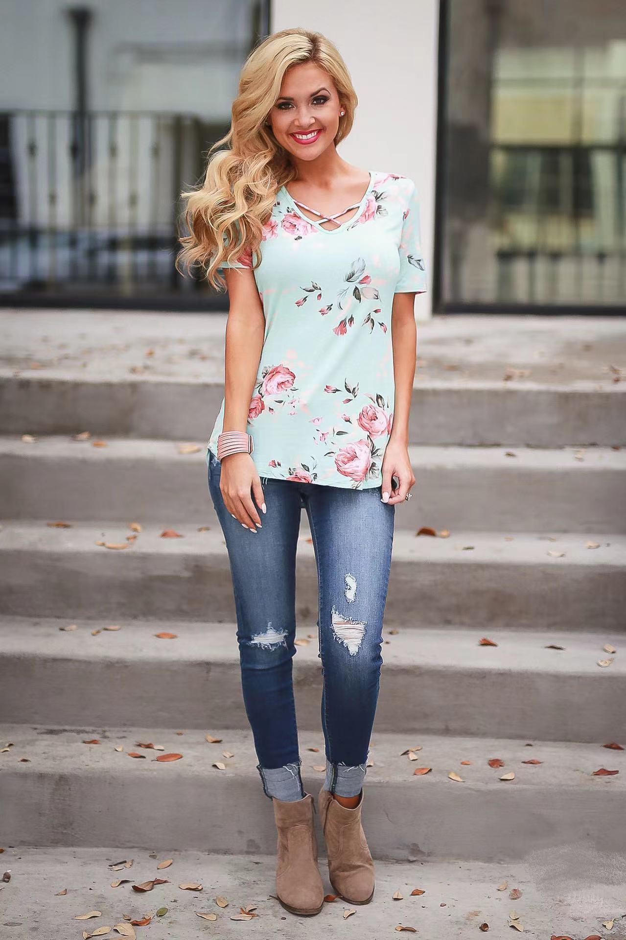 Flower Print Cross T-shirt