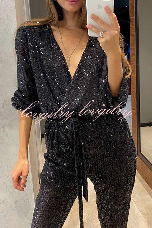 Cheers To You Sequin Long Sleeve Belted Wrap Loose Jumpsuit