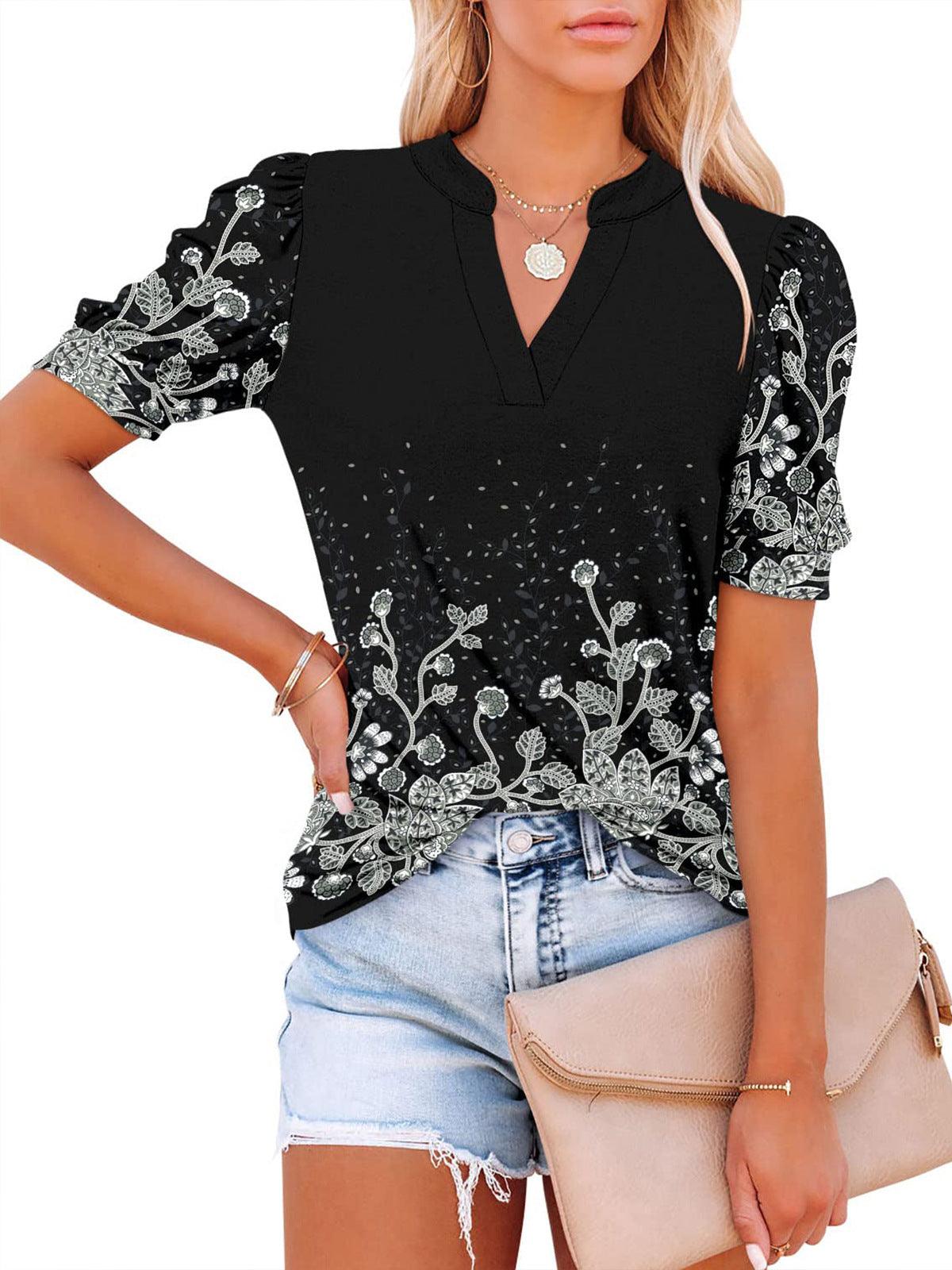 V-Neck Loose Casual Puff Sleeve Pullover Top