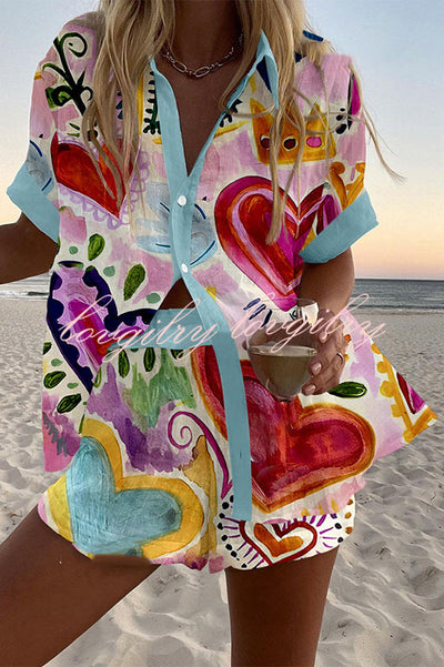 Colorful Heart Print Loose Button Elastic Waist Shorts Set