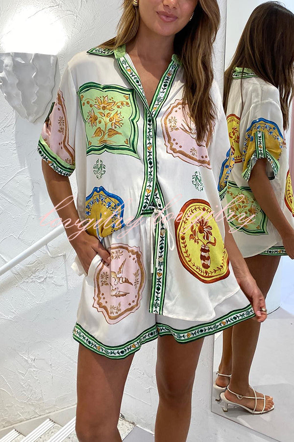 Tropical Escapes Satin Unique Print Shirt and Elastic Waist Pocketed Button Shorts Set