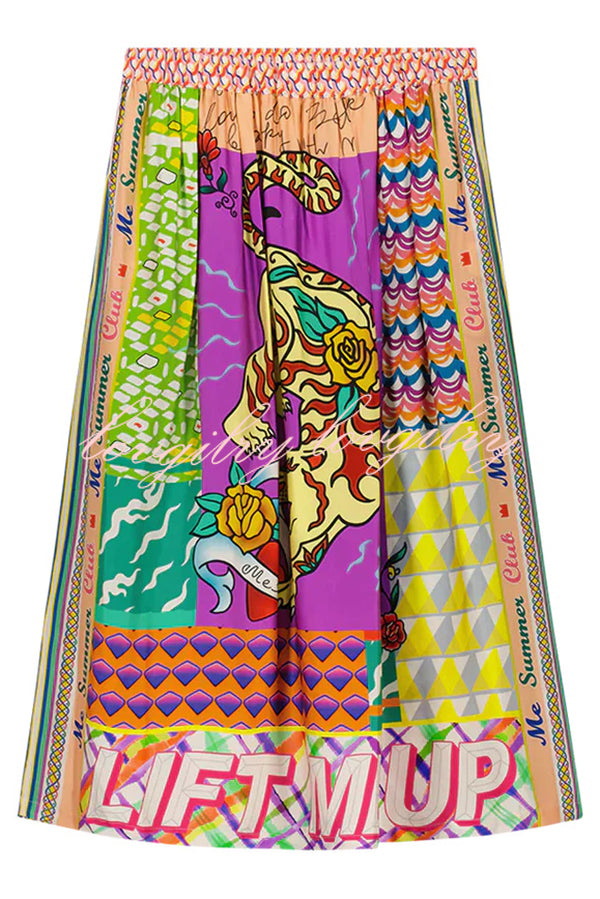 Boho Chic Satin Colorful Unique Print Elastic Waist Pocket Vacation Midi Skirt