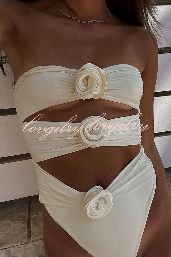 Three Dimensional Flower Bandeau One Piece Swimsuit