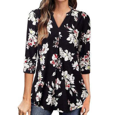 Flowers Print Tops V Neck Long Sleeve Blouse