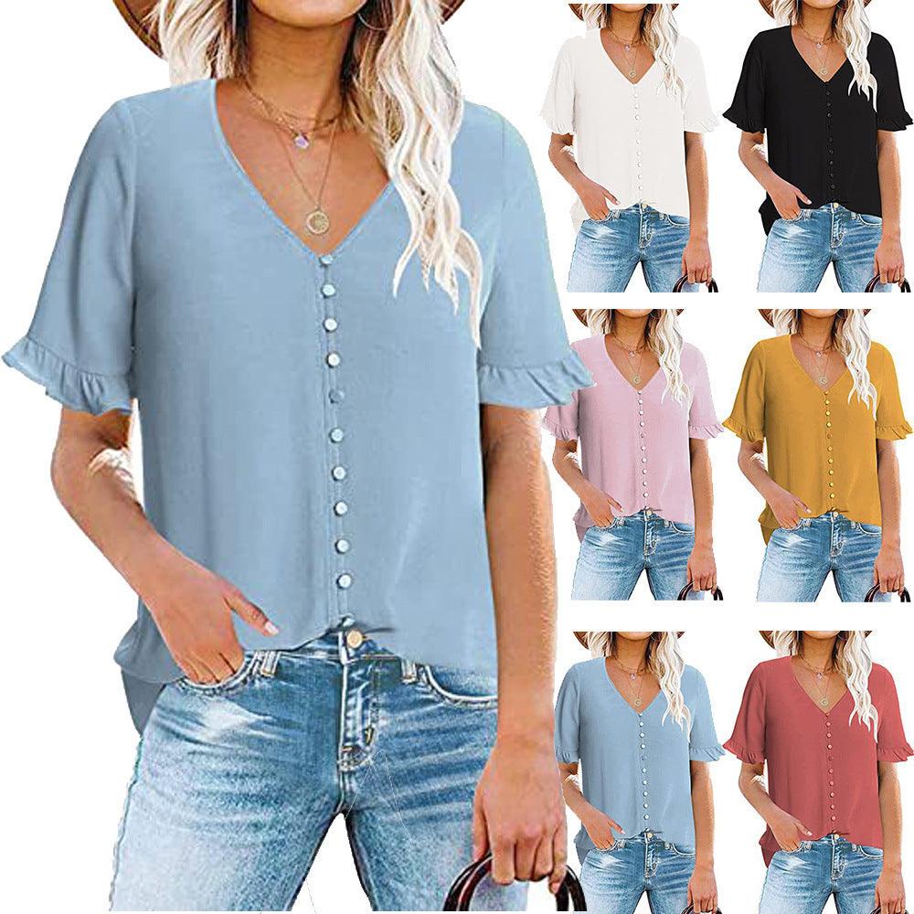 Women's Ruffle V-Neck Button-Down Shirt