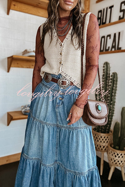 Bohemian High Rise Button Up Loose Denim Pocket Maxi Skirt