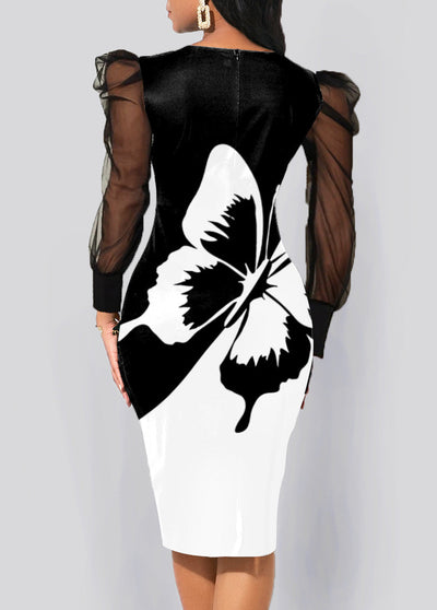 Printed Screen Patchwork Long-sleeved Dress