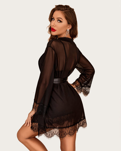 3 Piece Sets Mesh Robe with Lace Dress