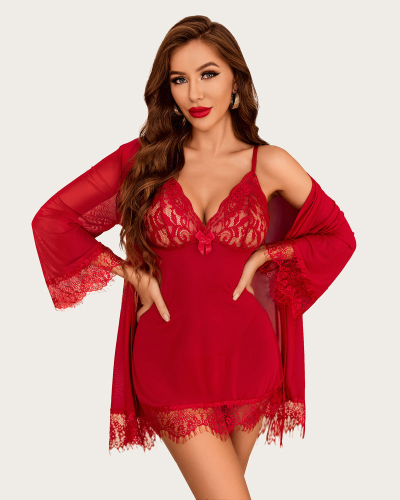 3 Piece Sets Mesh Robe with Lace Dress