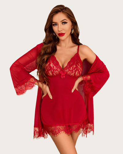 3 Piece Sets Mesh Robe with Lace Dress
