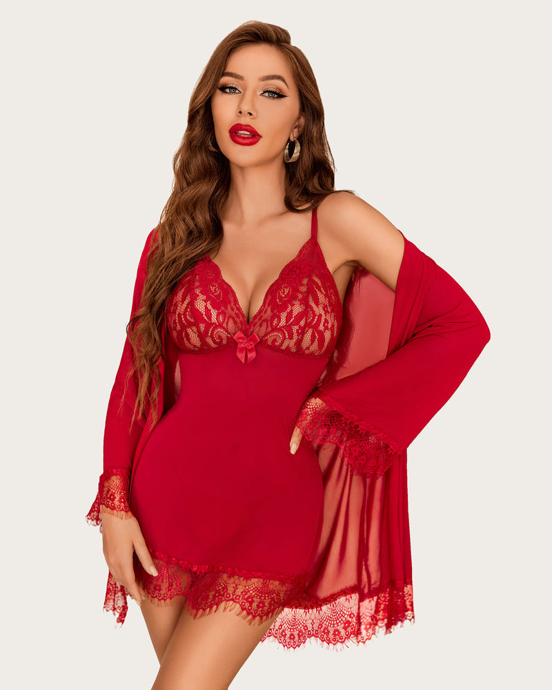 3 Piece Sets Mesh Robe with Lace Dress