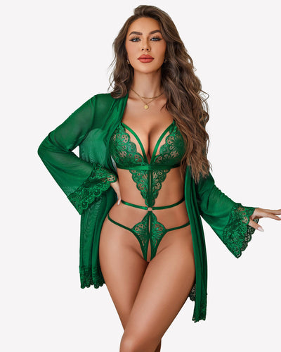 2 Piece Set Lace Teddy with Mesh Robe