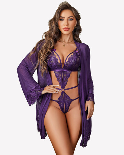 2 Piece Set Lace Teddy with Mesh Robe