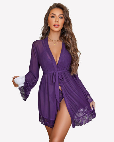 2 Piece Set Lace Teddy with Mesh Robe