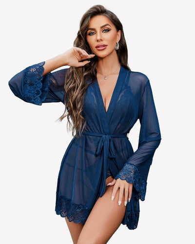 2 Piece Set Lace Teddy with Mesh Robe