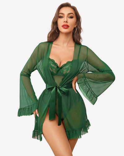 2 Piece Sheer Kimono Robe with Lace Teddy