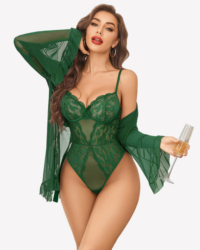 2 Piece Sheer Kimono Robe with Lace Teddy