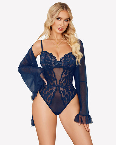 2 Piece Sheer Kimono Robe with Lace Teddy