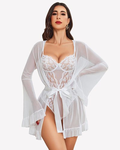 2 Piece Sheer Kimono Robe with Lace Teddy