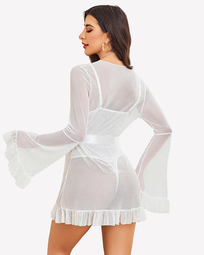 2 Piece Sheer Kimono Robe with Lace Teddy