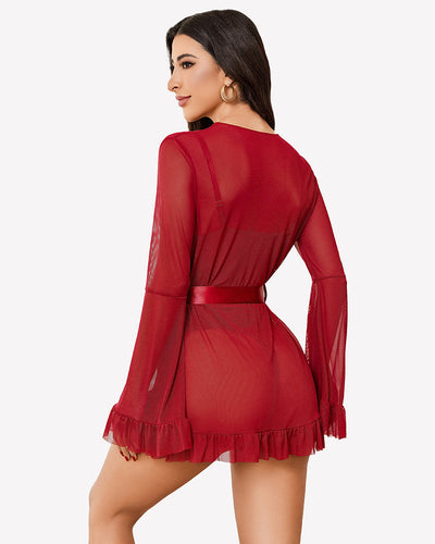 2 Piece Sheer Kimono Robe with Lace Teddy