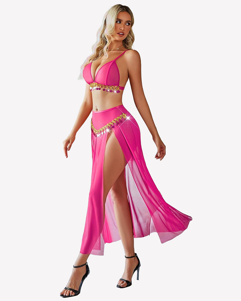Mesh Sheer Bra Top Split Maxi Skirt Set