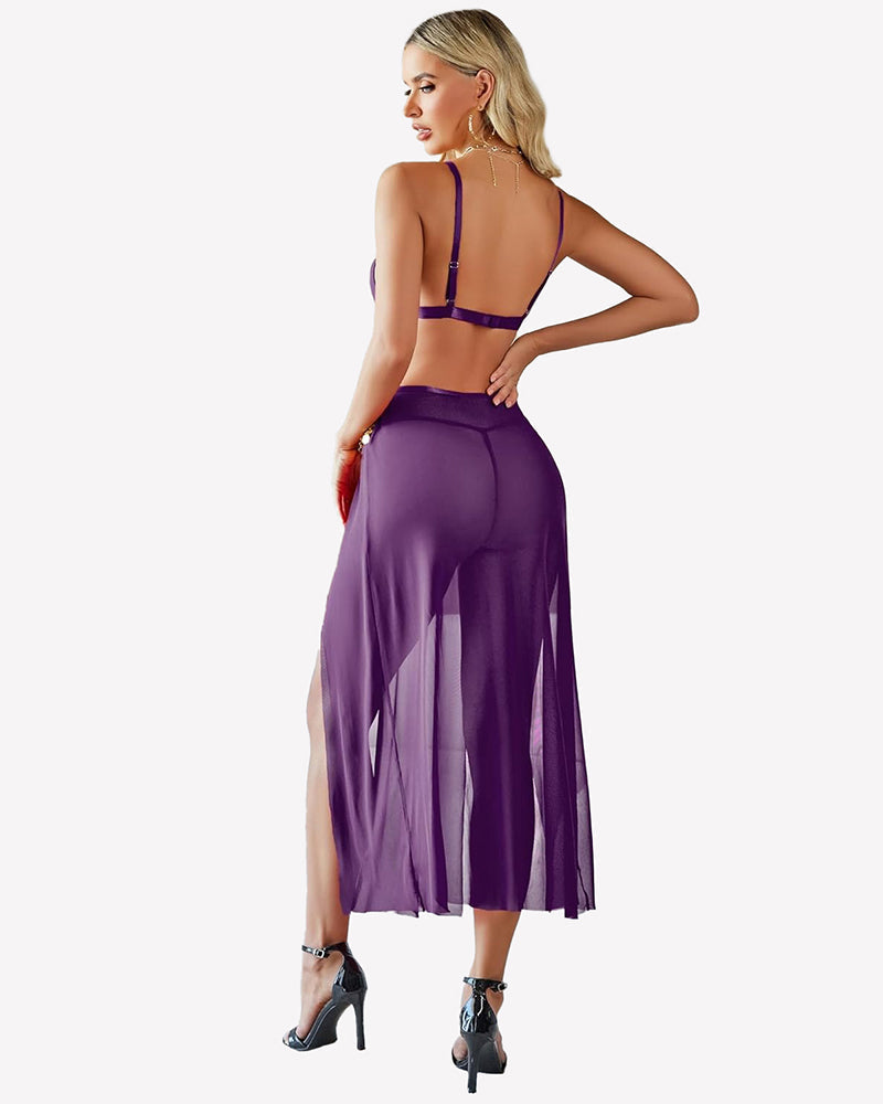 Mesh Sheer Bra Top Split Maxi Skirt Set