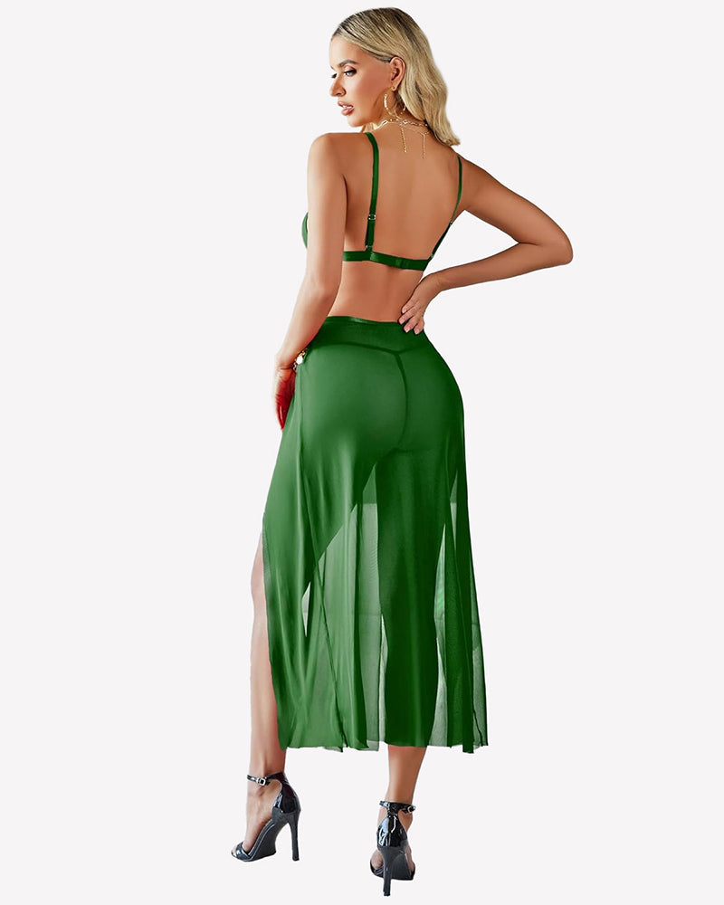 Mesh Sheer Bra Top Split Maxi Skirt Set