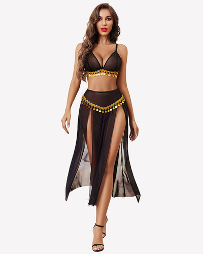 Mesh Sheer Bra Top Split Maxi Skirt Set